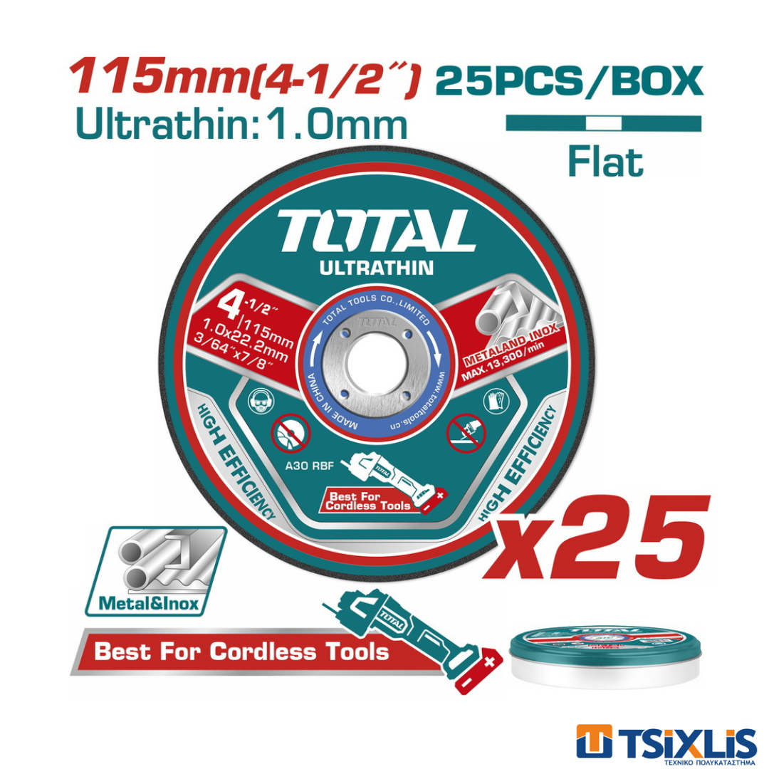Σετ Δίσκοι Κοπής TOTAL 25τεμ. Inox / Μετάλλου 115x1mm - (TAC11011525)