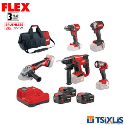 Σετ FLEX 18V Γωνιακός Τροχός 125mm & Κρουστικό Δραπανοκατσάβιδο 65Nm & Περιστροφικό Πιστολέτο 1.7J & Παλμικό Κατσαβίδι 237Νm & Προβολέας 300lm & Μπαταρίες 3x5.0Ah & Ταχυφορτιστής & Εργαλειοθήκη - (D00600)