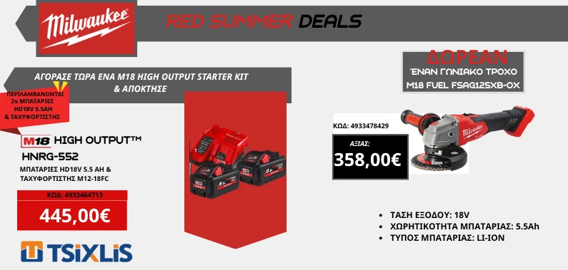 Σετ Milwaukee M18 High Output HNRG-552 με μπαταρίες και ταχυφορτιστή – 445 €